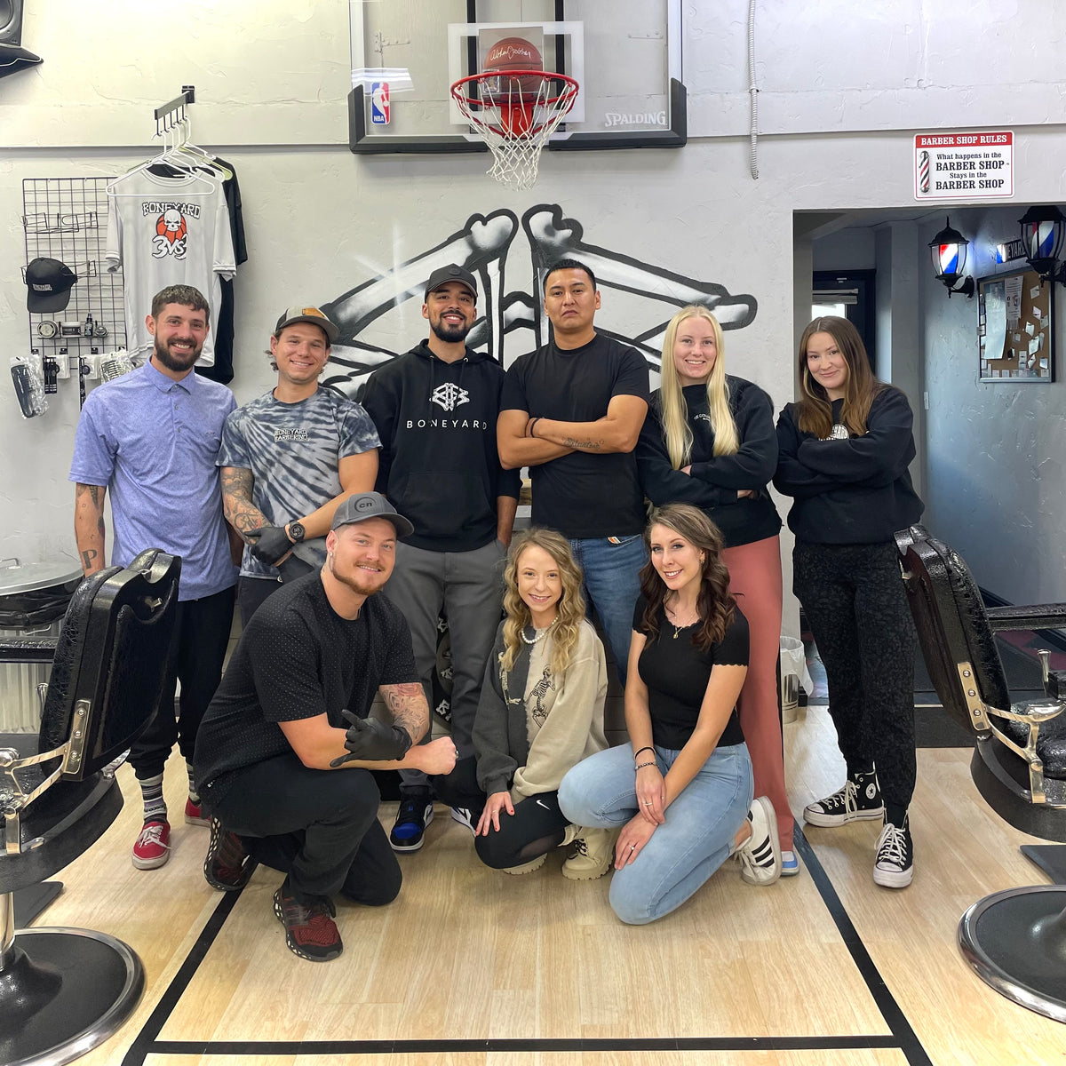 The Boneyard Barbering crew together in the shop