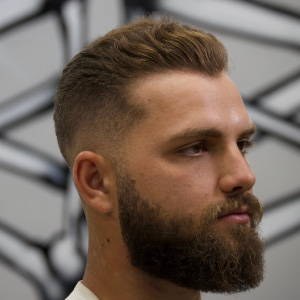 Textured quiff with full beard, styled with Boneyard Matte Pomade