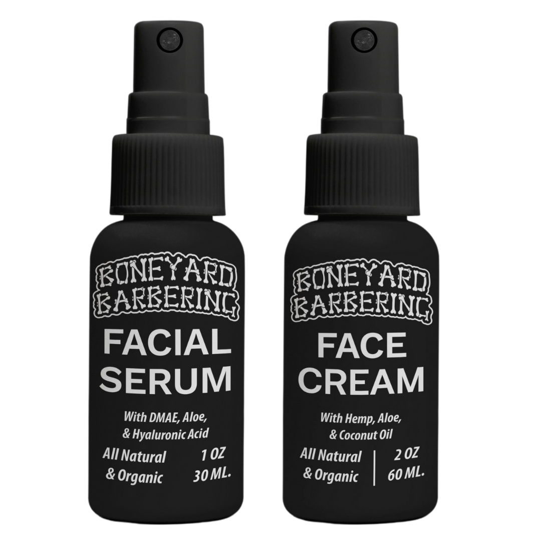 Boneyard Facial Serum and Face Cream bottles