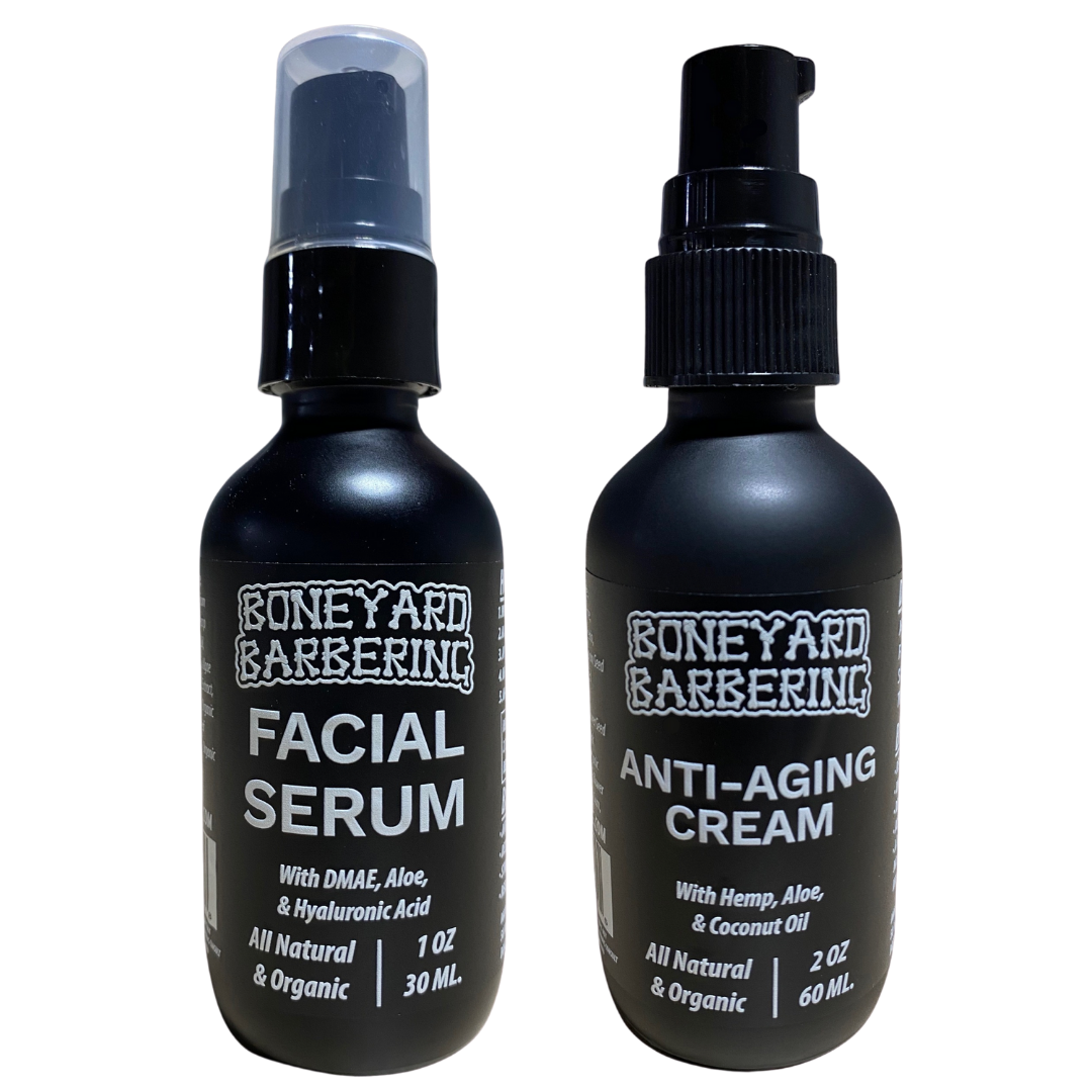 Boneyard Facial Serum and Anti-Aging Cream bottles