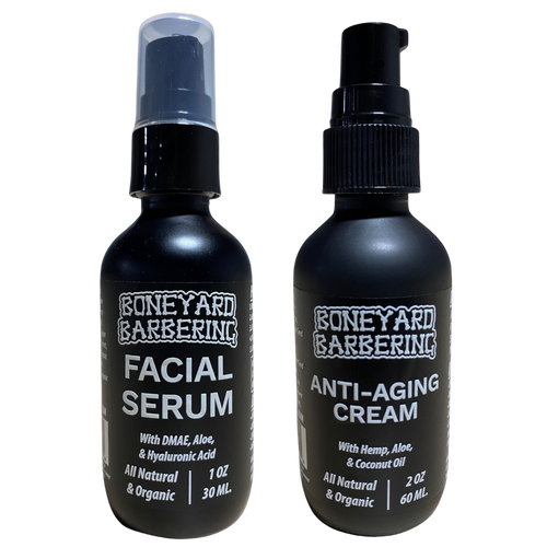 Boneyard Facial Serum and Anti-Aging Cream bottles